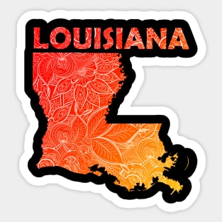 Colorful mandala art map of Louisiana with text in red and orange Sticker